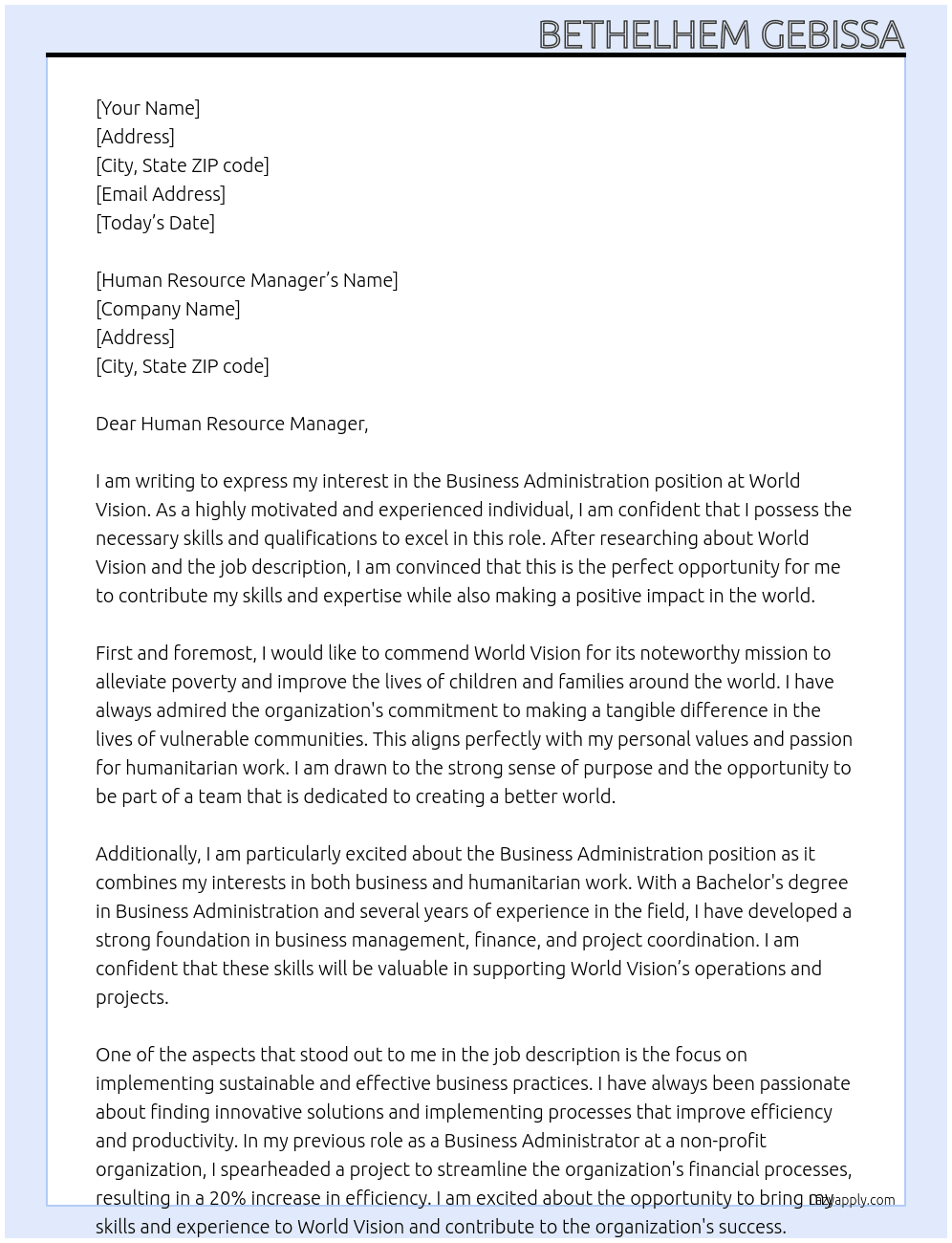 Business administration  At World vision  Cover Letter