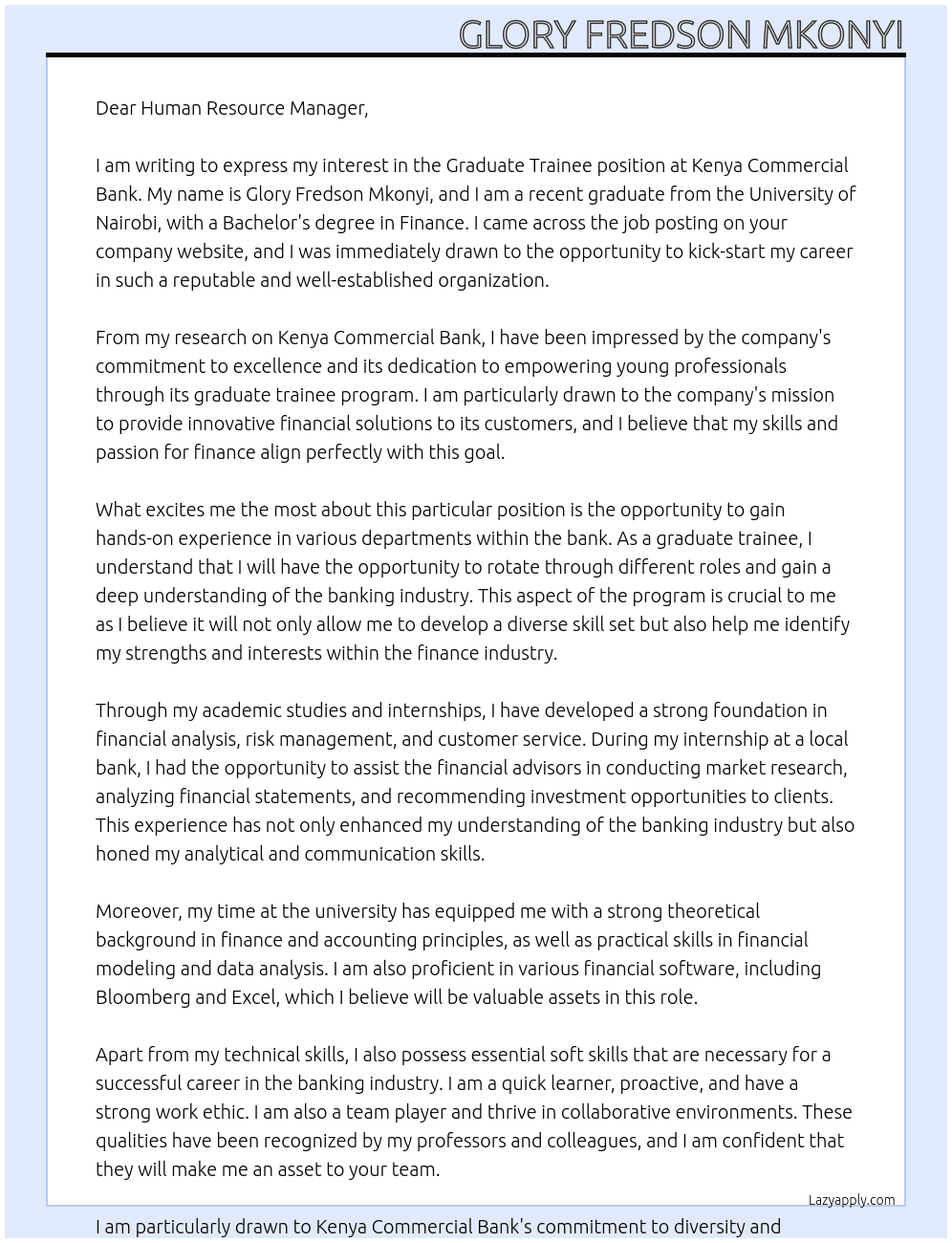 Graduate trainee position At Kenya commercial bank Cover Letter