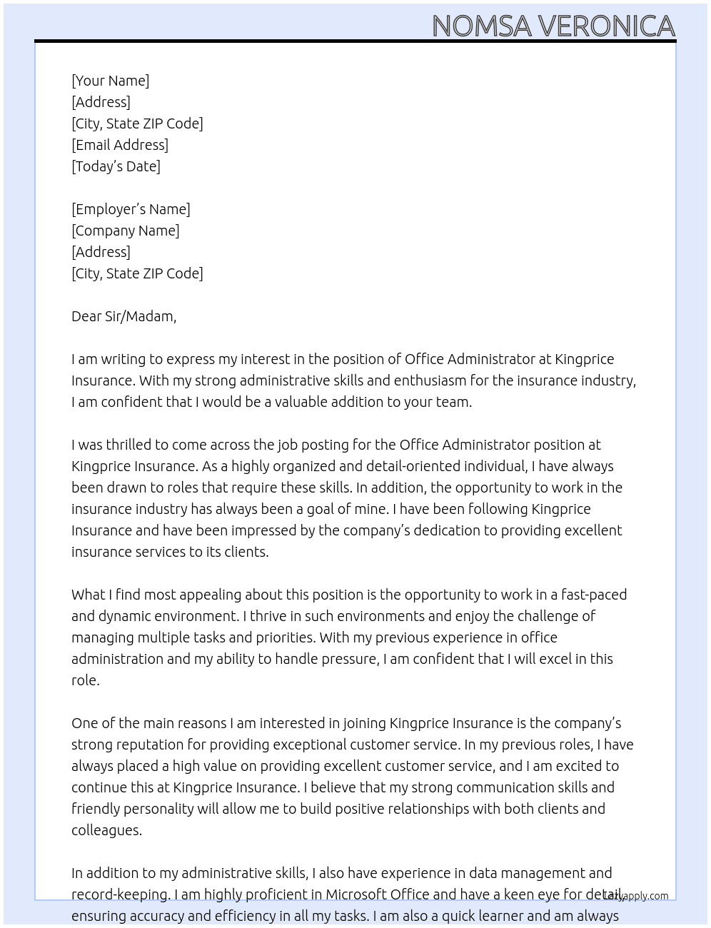 office administrator At kingprice Insurance Cover Letter