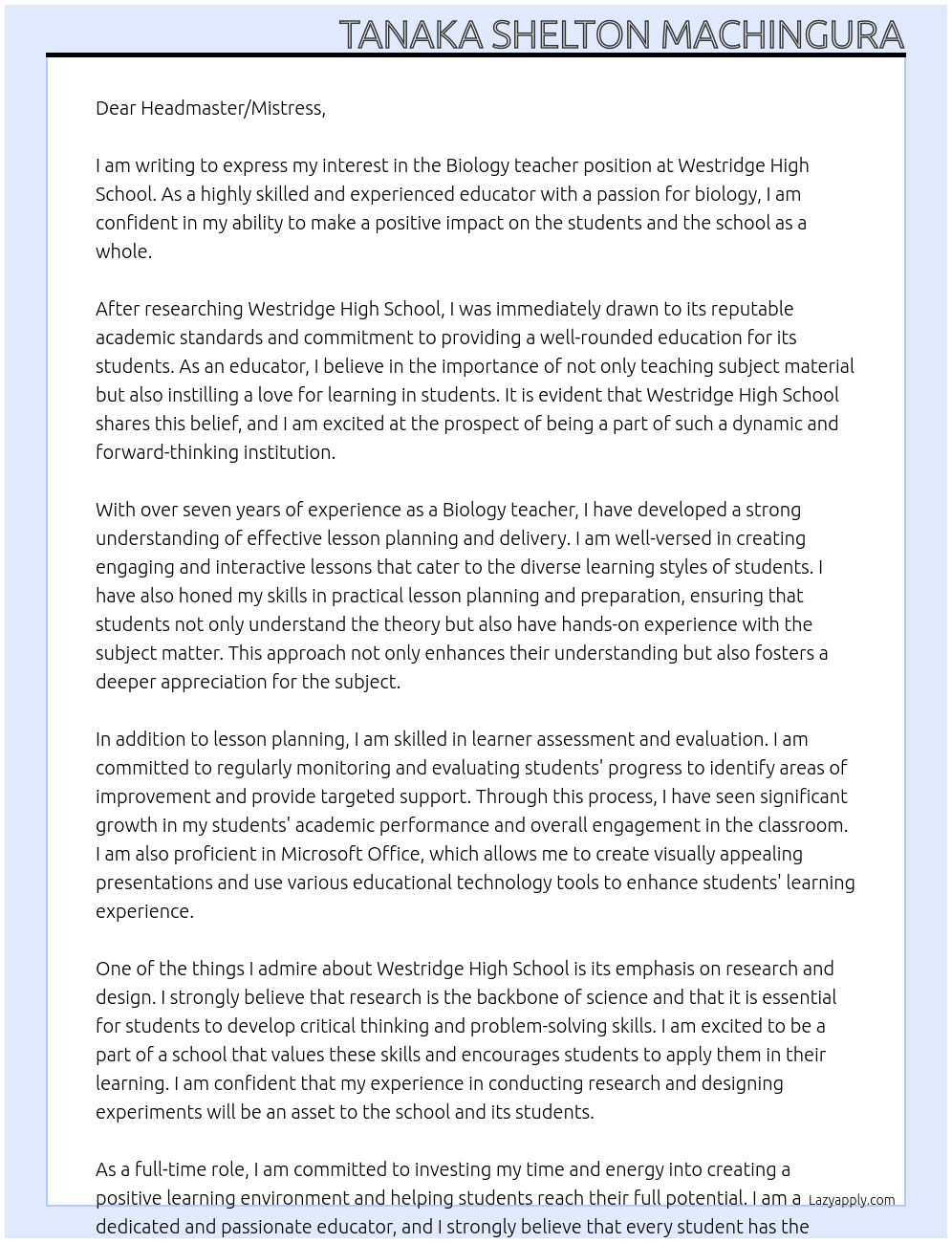 Biology teacher At Westrigde High school Cover Letter