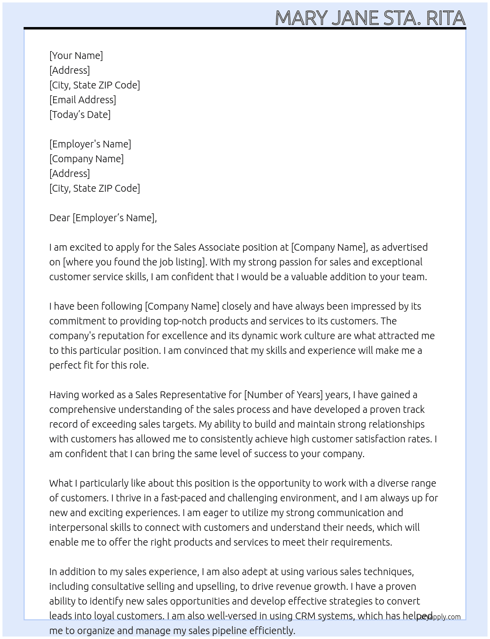 Sales Associate At Sales Representative Cover Letter