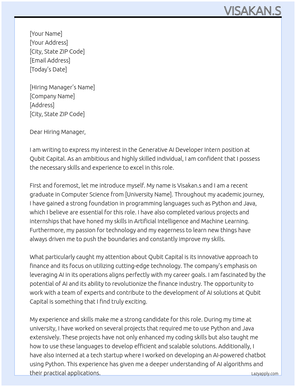 Generative AI Developer intern  At Qubit capital  Cover Letter