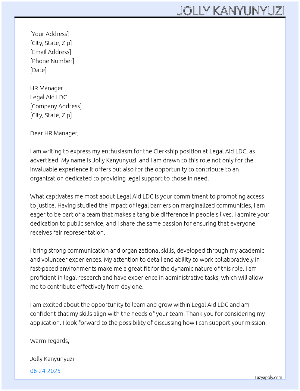 Clerkship At Legal Aid LDC Cover Letter