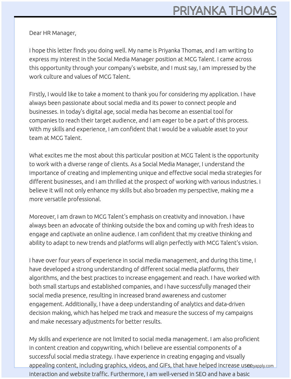 Social Media Manager At MCG Talent Cover Letter
