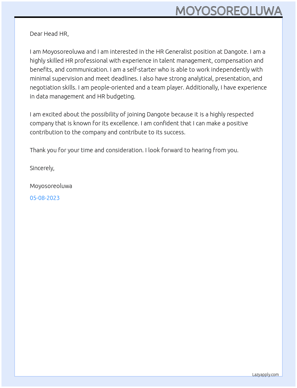 HR Generalist At Dangote Cover Letter