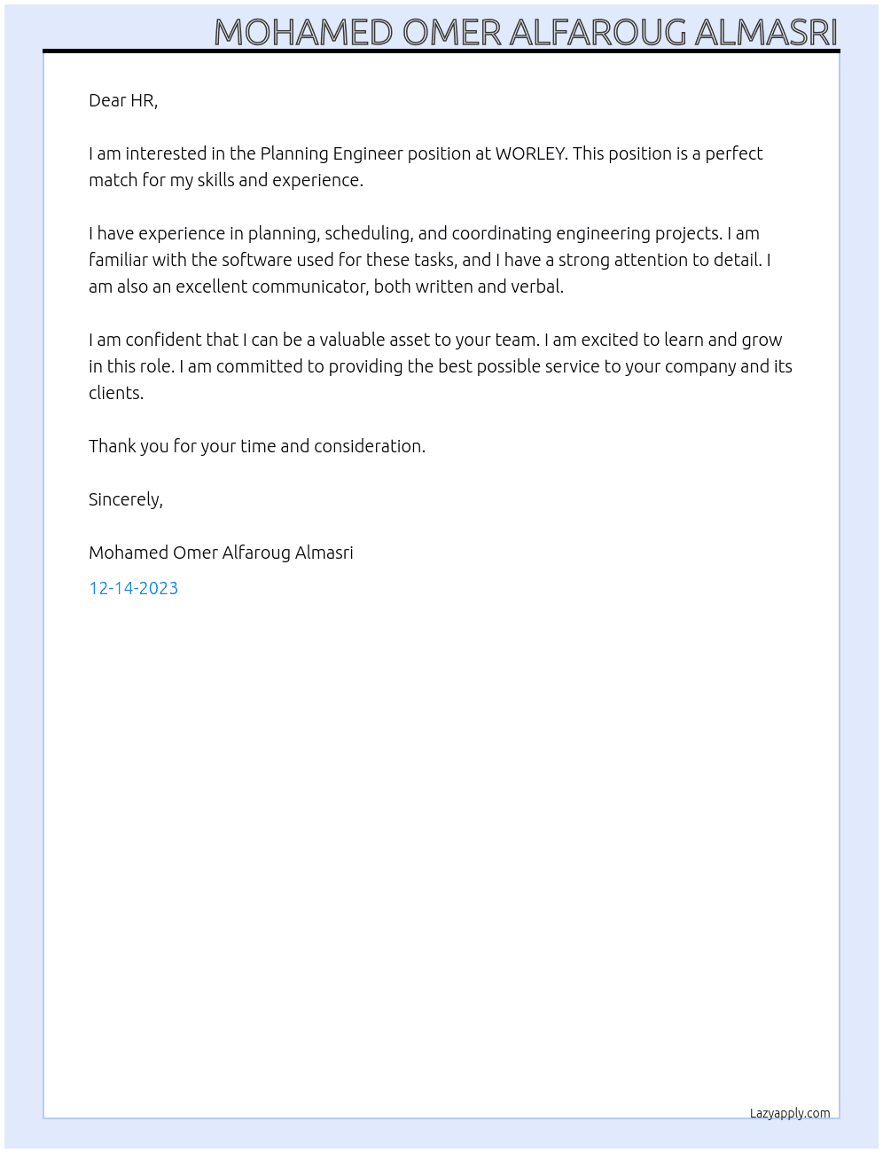 Planning Engineer At WORLEY Cover Letter