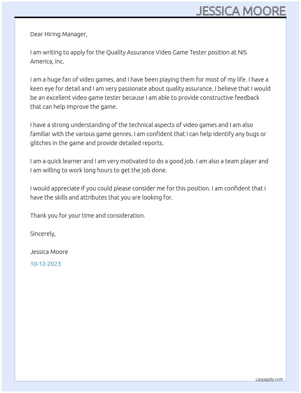 Quality Assurance Video Game Tester At NIS America, Inc. Cover Letter