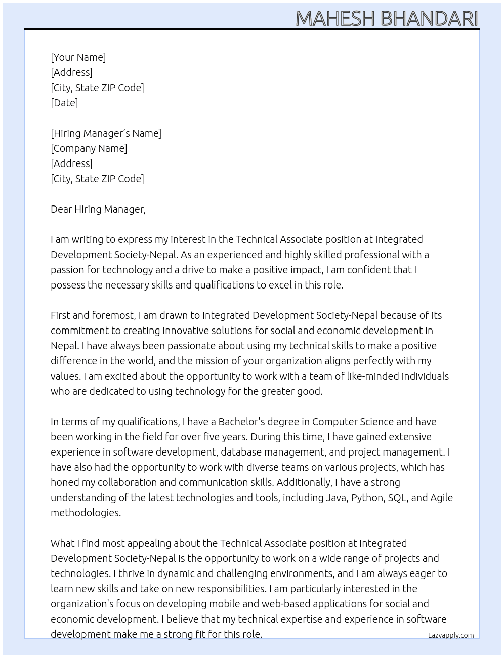 Technical Associate At Integrated Development Society-Nepal Cover Letter