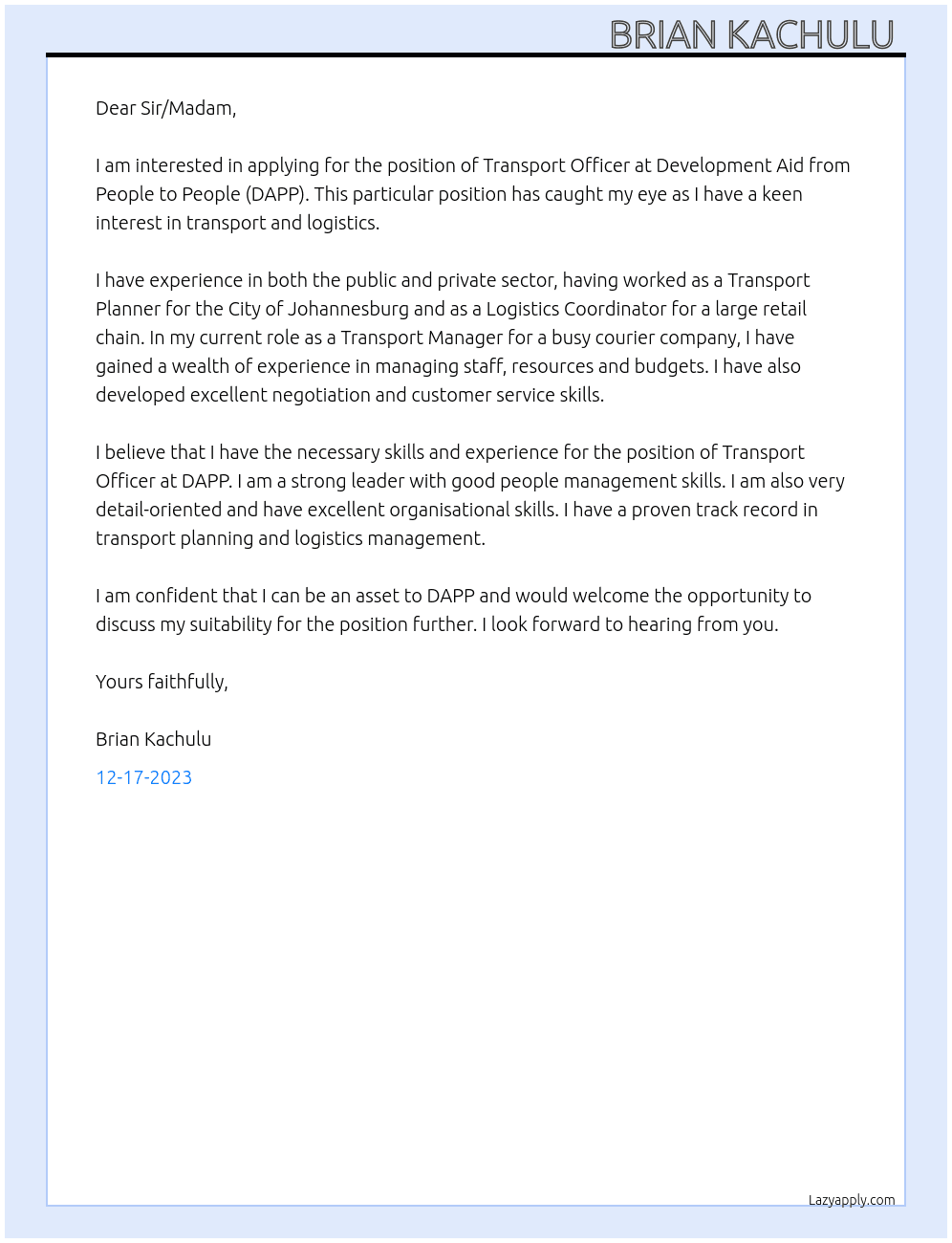 Transport officer  At Development Aid from People to People (DAPP) Cover Letter