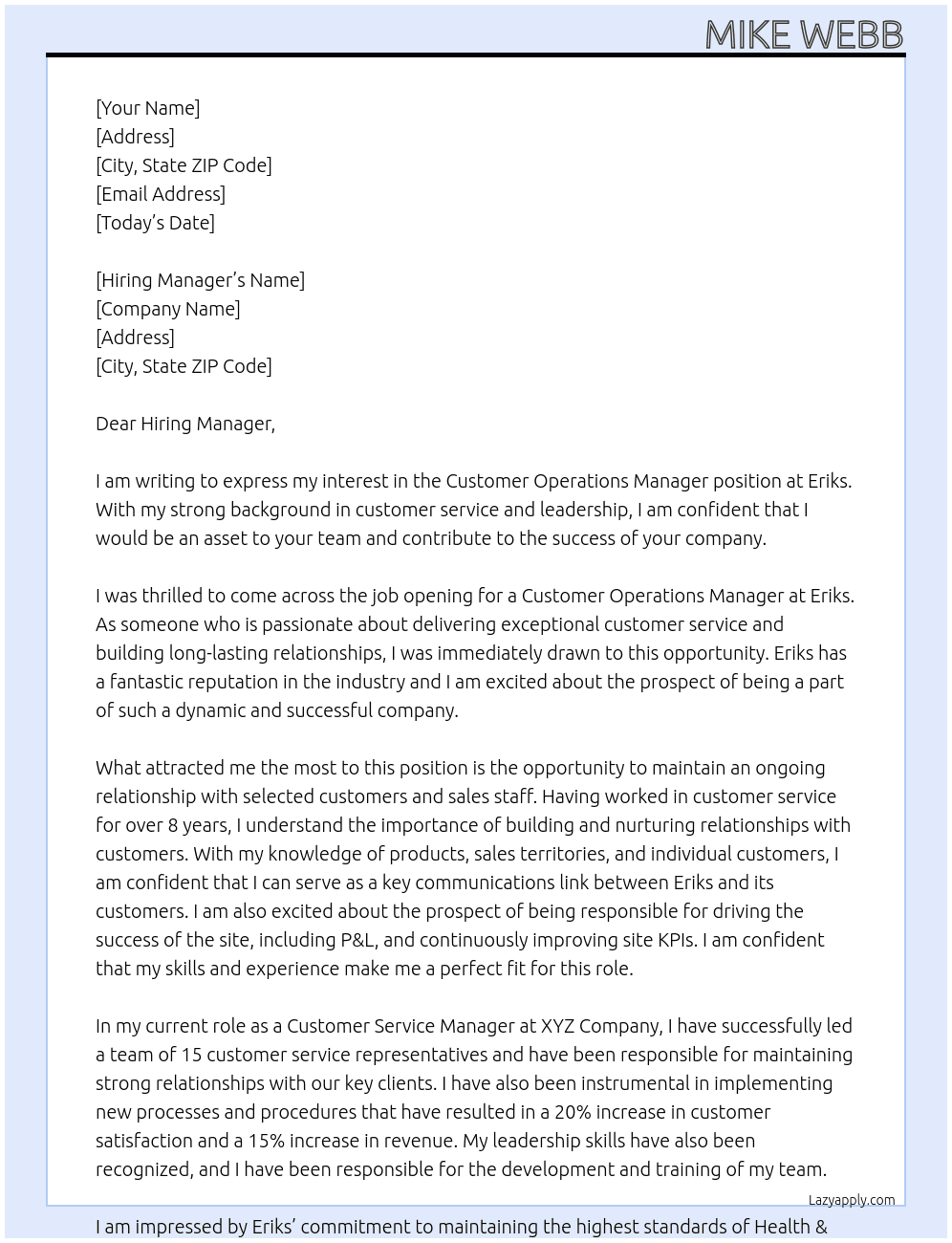 Customer Operations Manager At Eriks Cover Letter