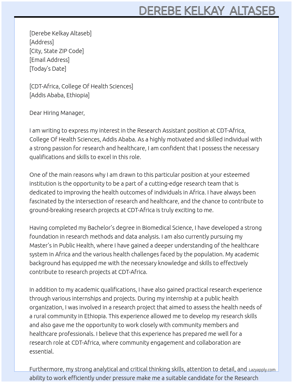 Research Assistant  At CDT-Africa, College Of Health Sciences, Addis Ababa Cover Letter