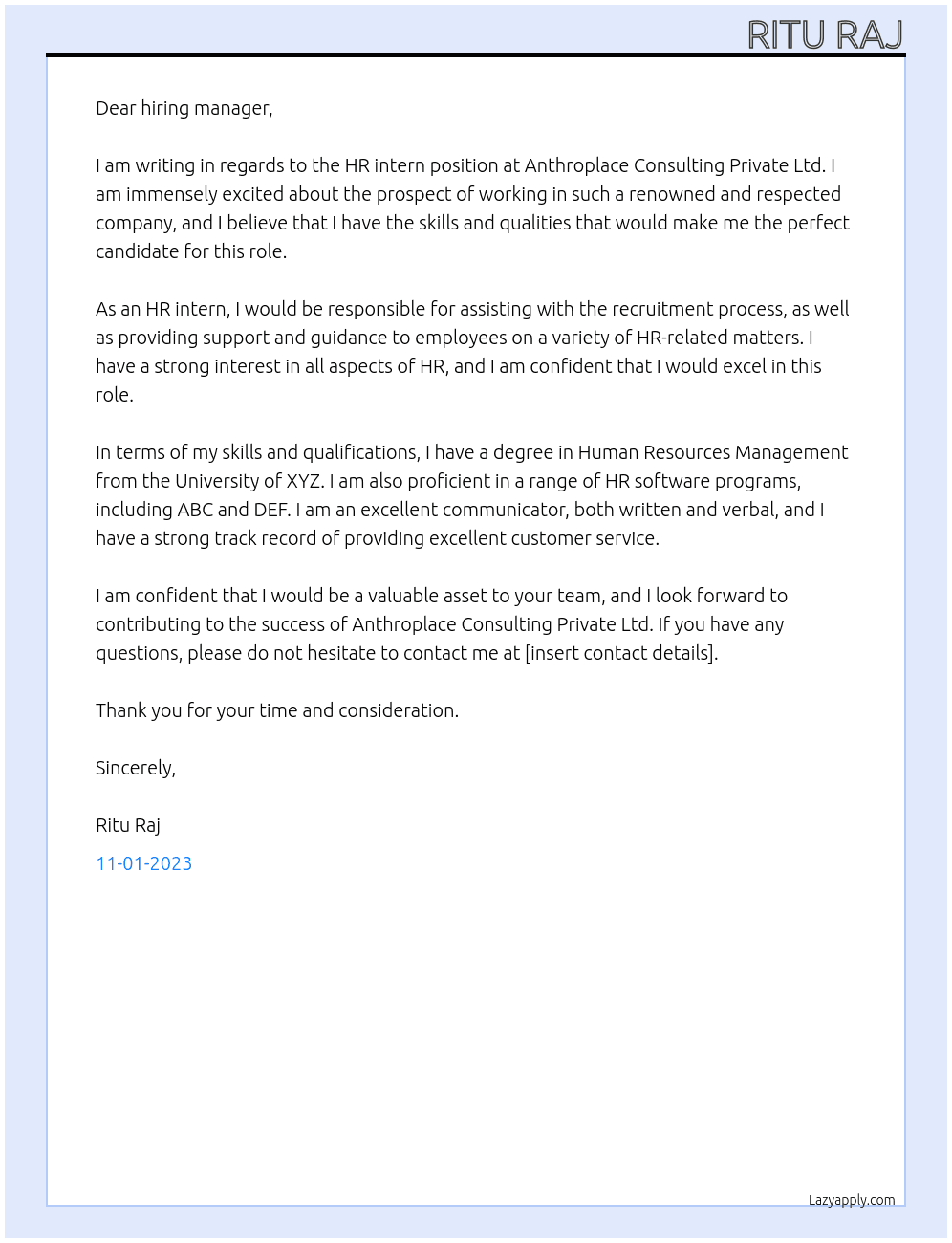 HR intern At Anthroplace Consulting Private ltd. Cover Letter