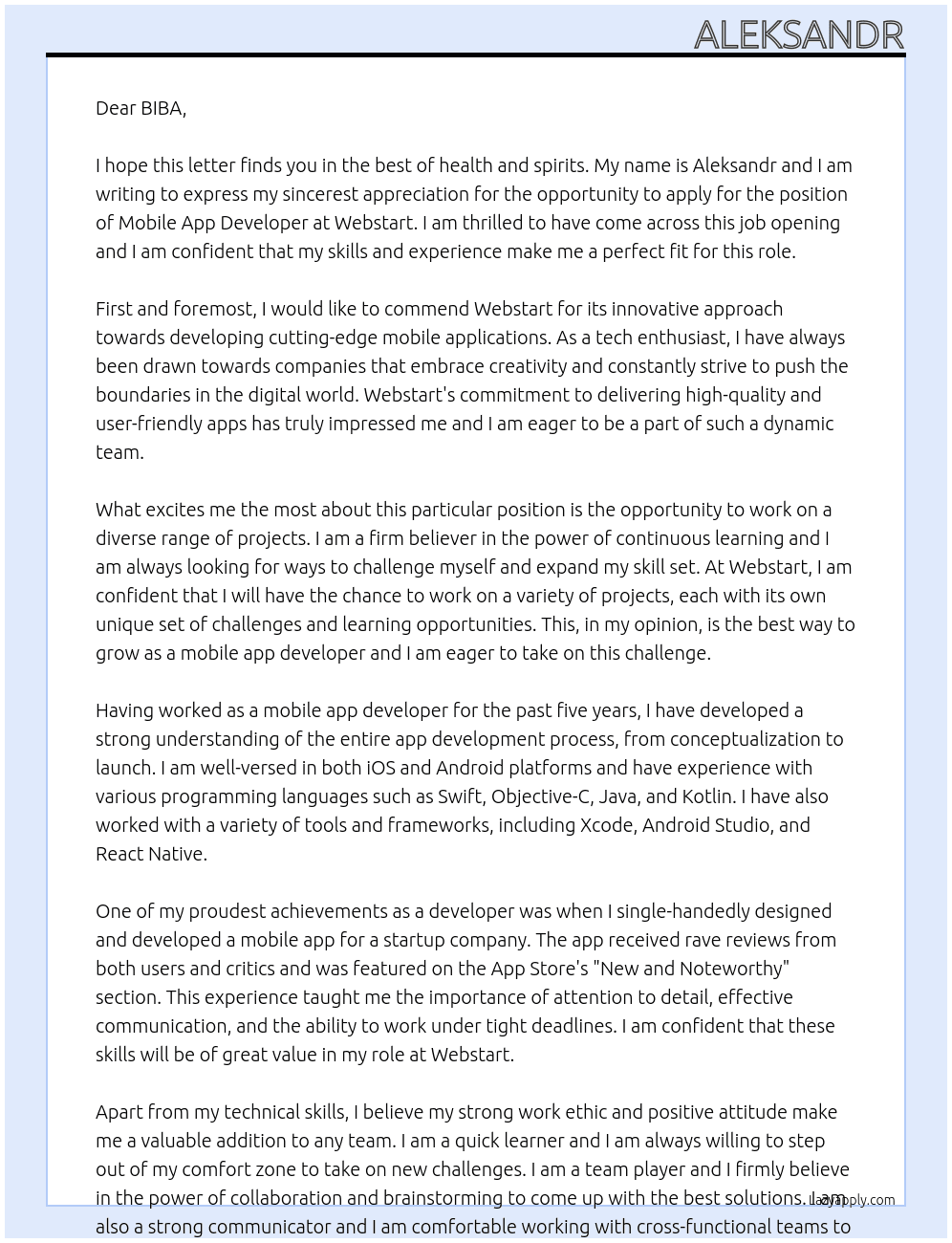Mobile app developer At Webstart Cover Letter