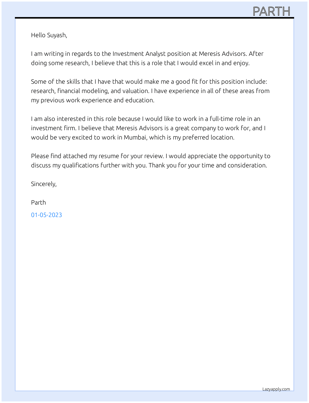 Investment Analyst At Meresis Advisors Cover Letter