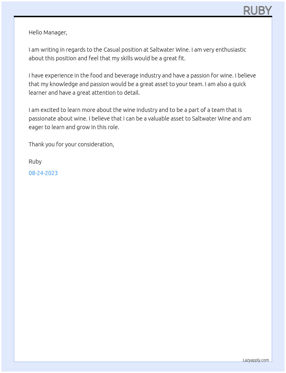Casual  At Saltwater Wine Cover Letter