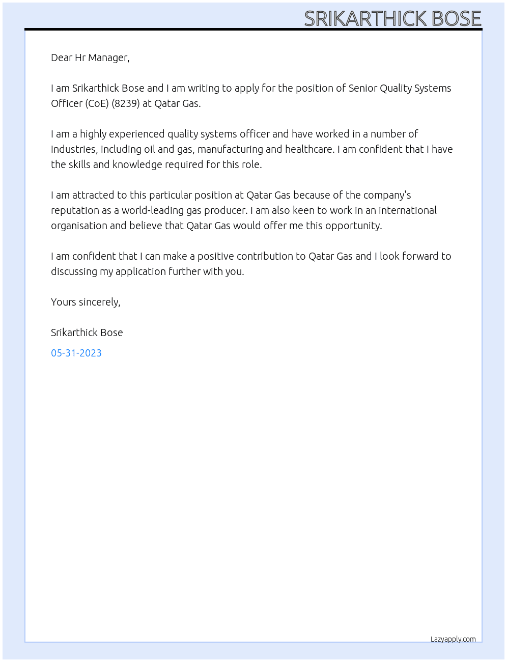 Senior Quality Systems Officer (CoE) (8239) At Qatar Gas Cover Letter