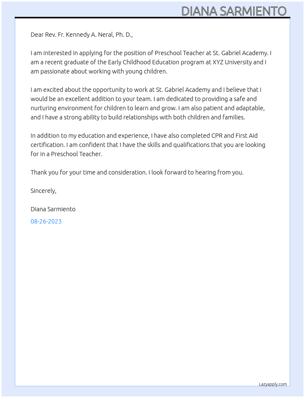 Preschool Teacher  At St. Gabriel Academy  Cover Letter