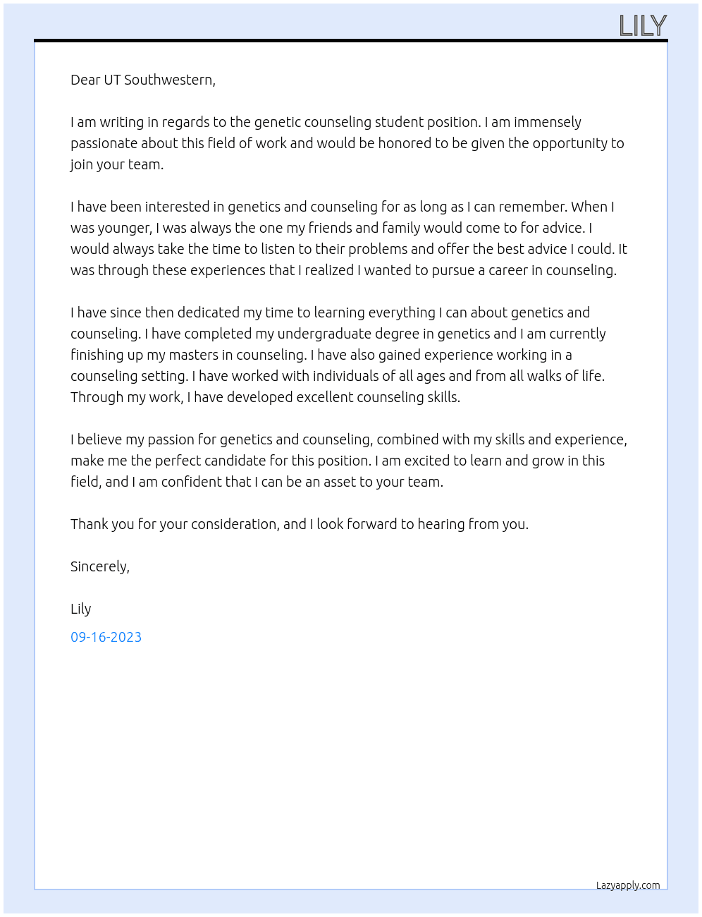 Genetic Counseling Student At UT Southwestern Cover Letter