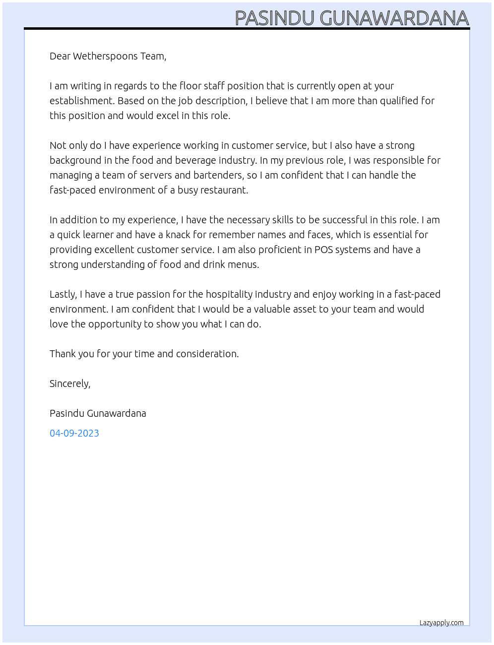 Floor Staff At Wetherspoons Cover Letter