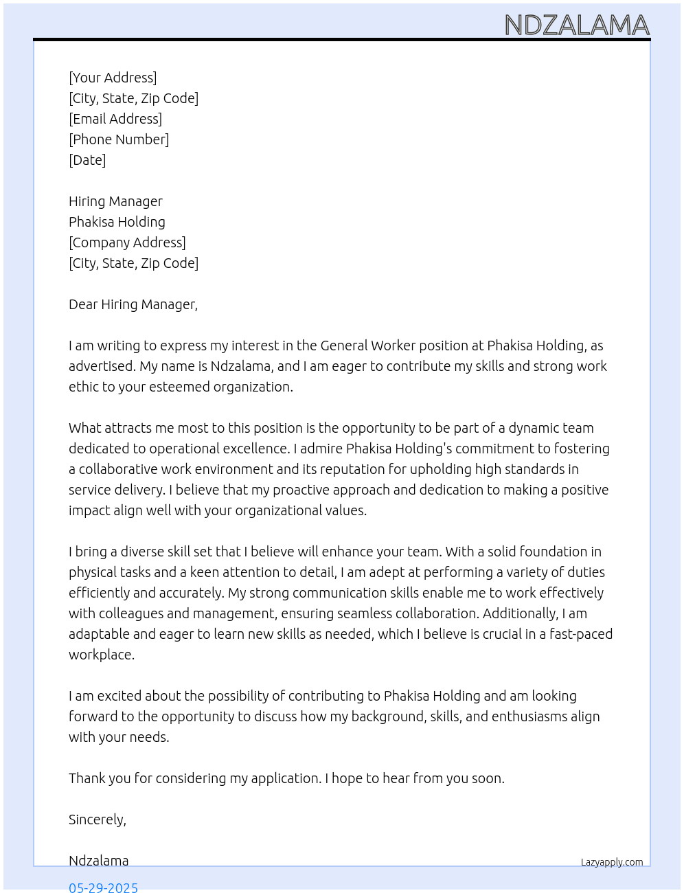 General worker At Phakisa holding Cover Letter