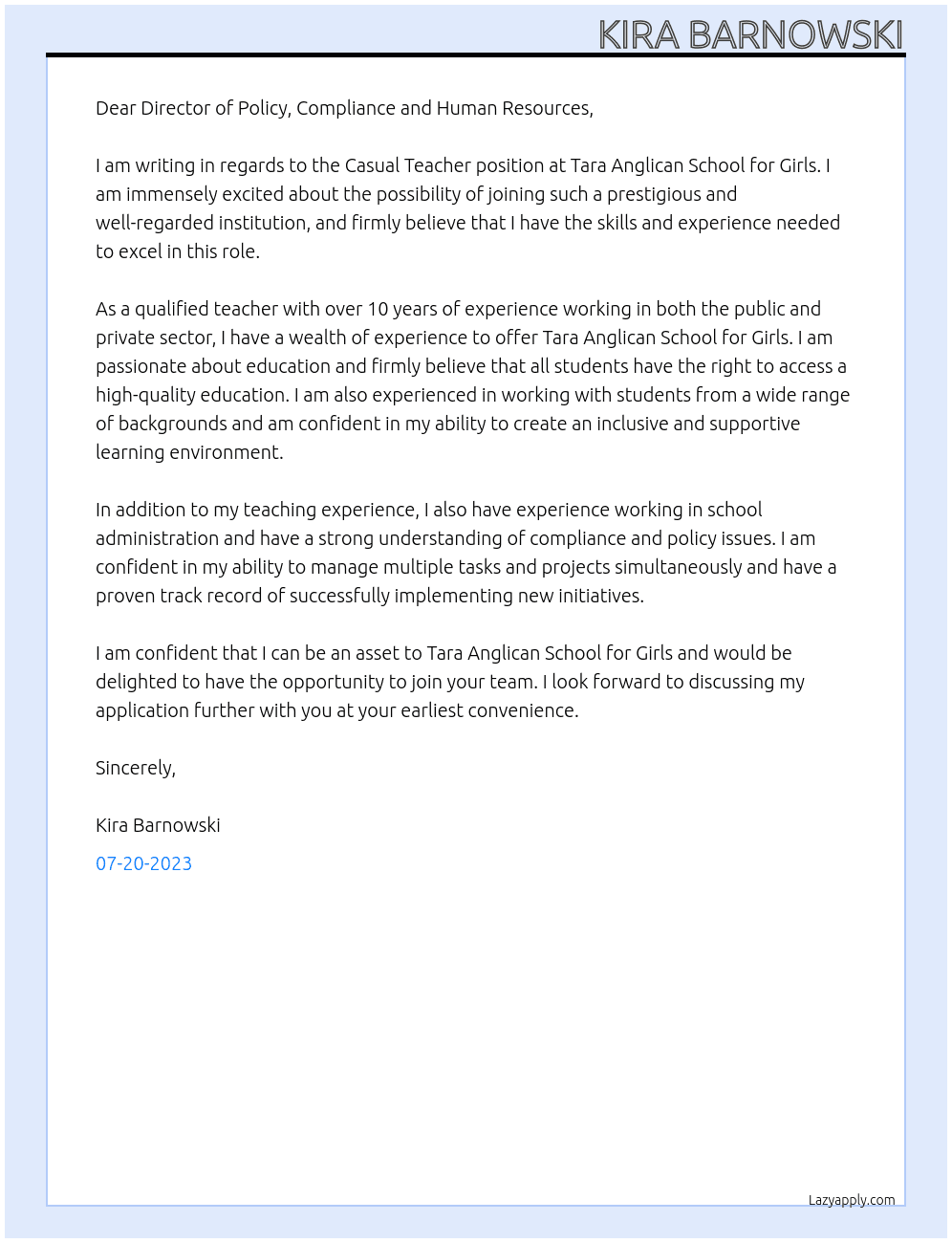 Casual Teacher At Tara Anglican School for Girls Cover Letter