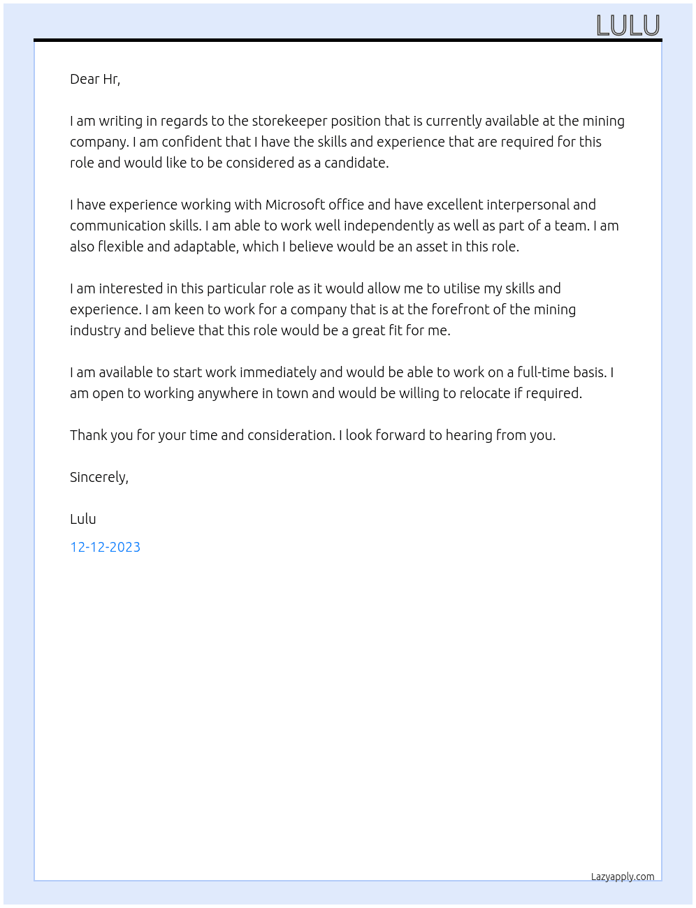Storekeeper At Mining company Cover Letter