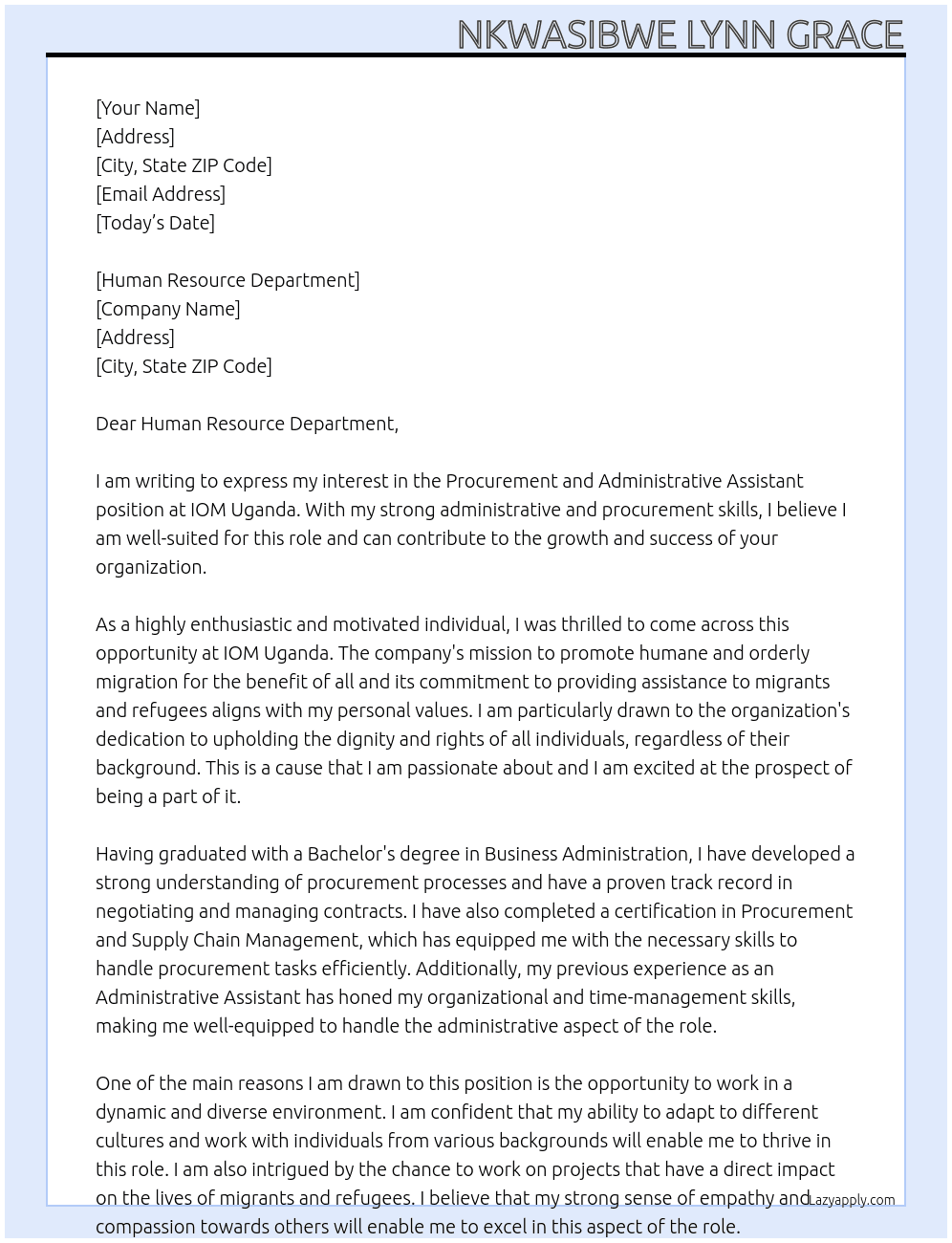 Procurement and Administrative Assistant  At IOM Uganda Cover Letter