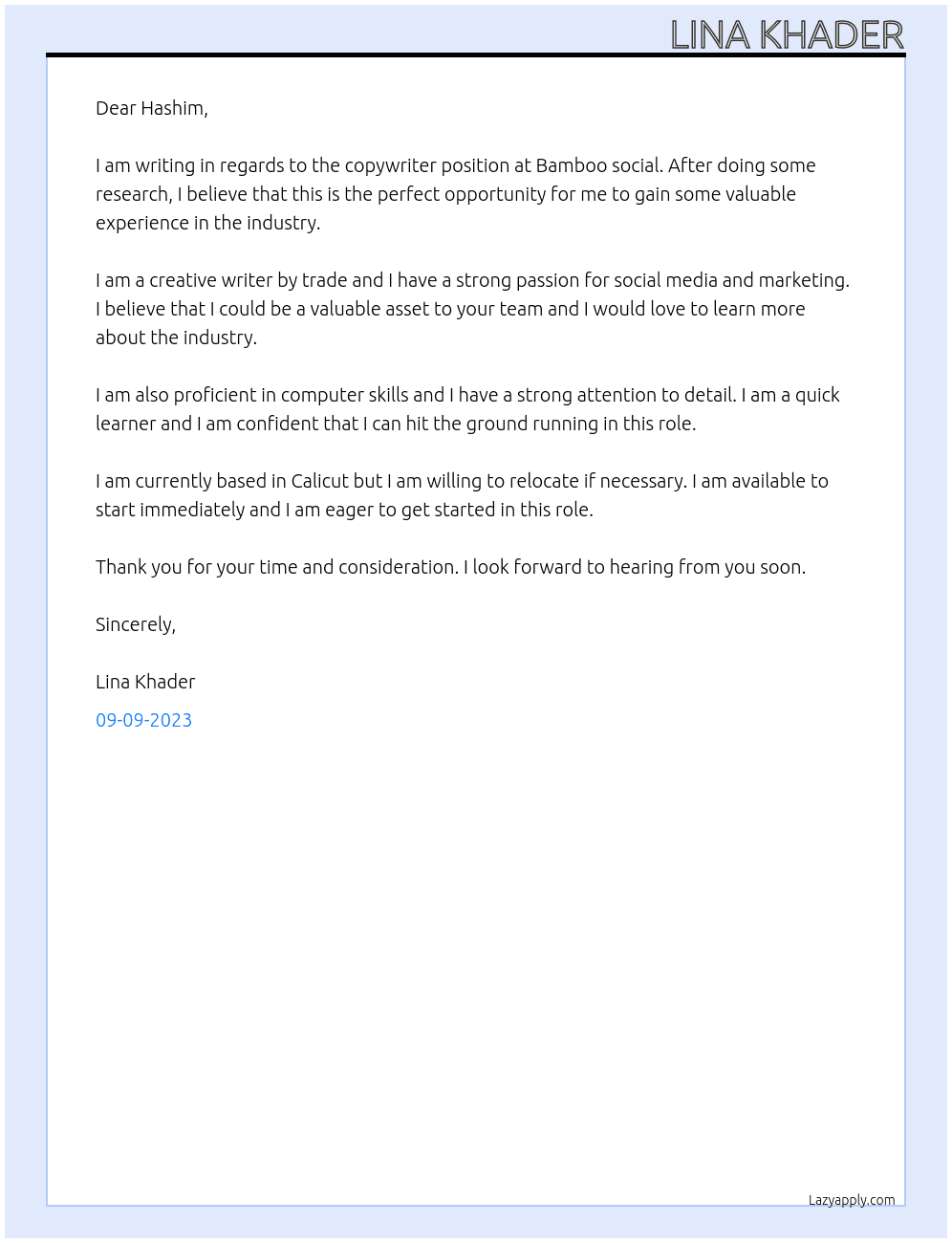 Copy writer  At Bamboo social  Cover Letter