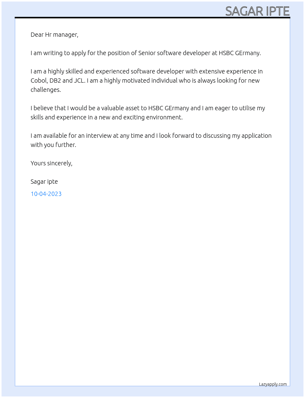 Senior software developer  At HSBC GErmany Cover Letter