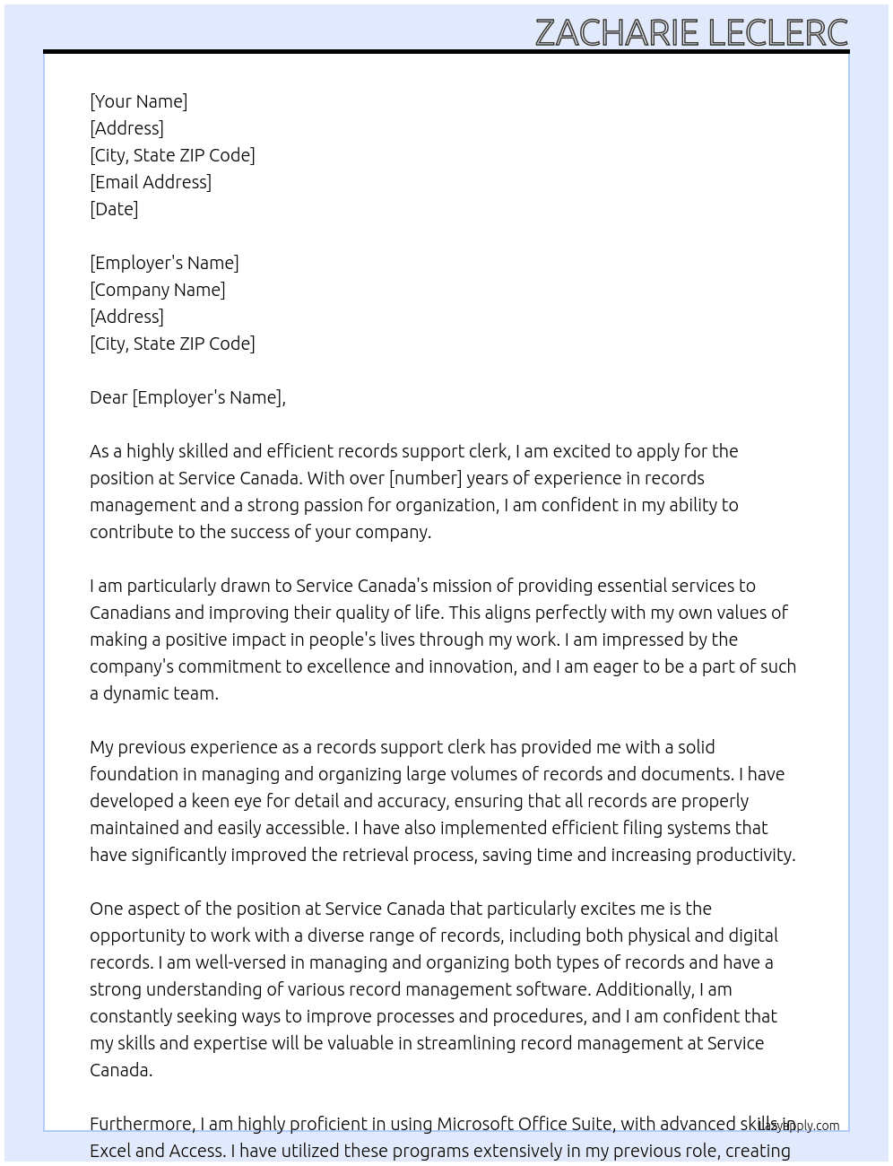 records support clerk At Service Canada Cover Letter