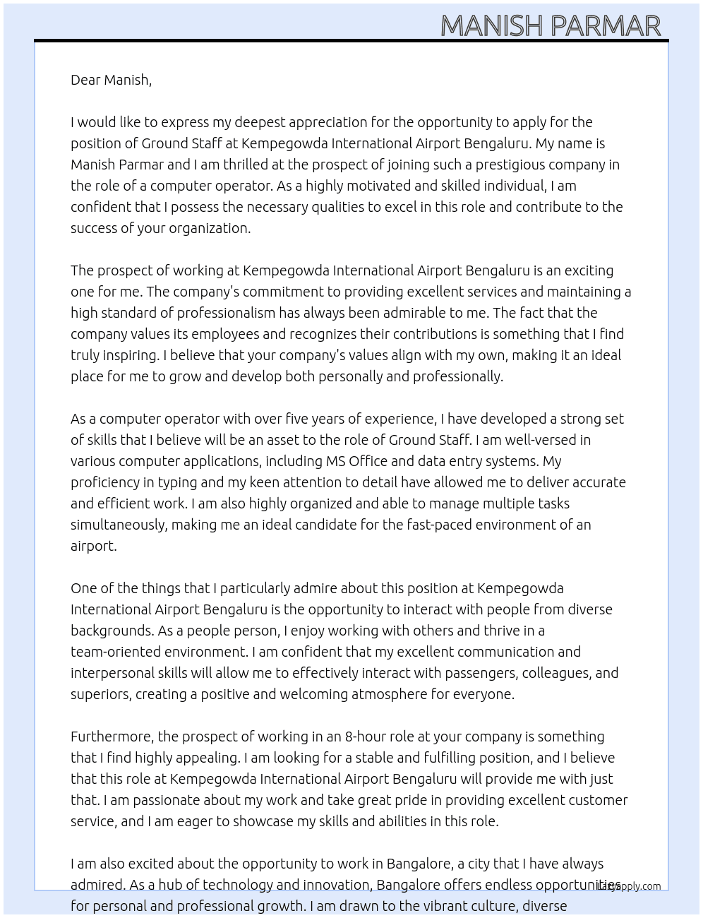 Ground staff  At Kempegowda International Airport Bengaluru Cover Letter