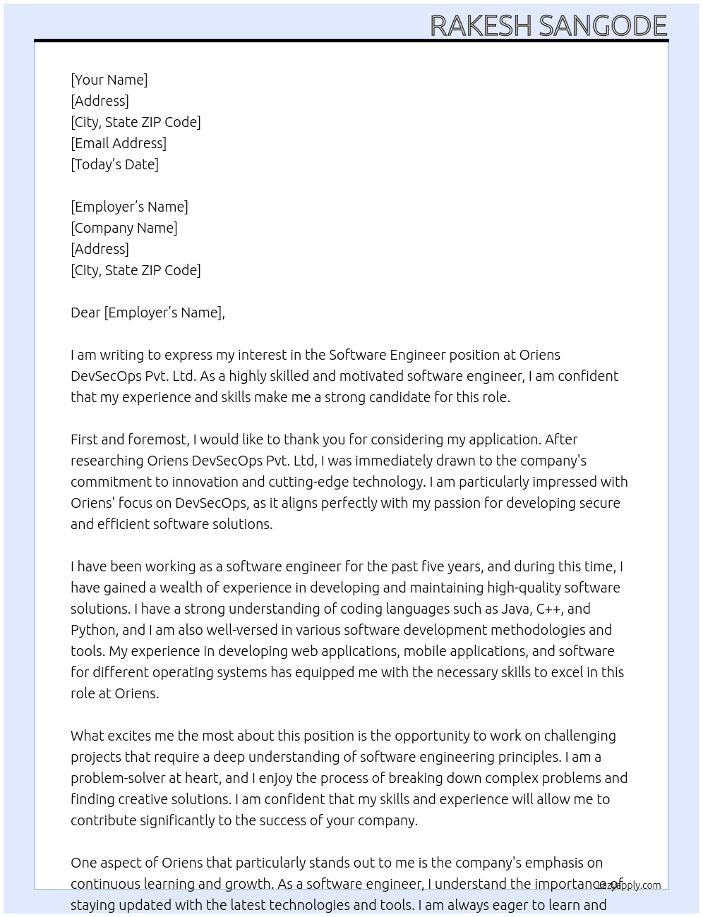 Software Engineer At Oriens DevSecOps Pvt. Ltd Cover Letter