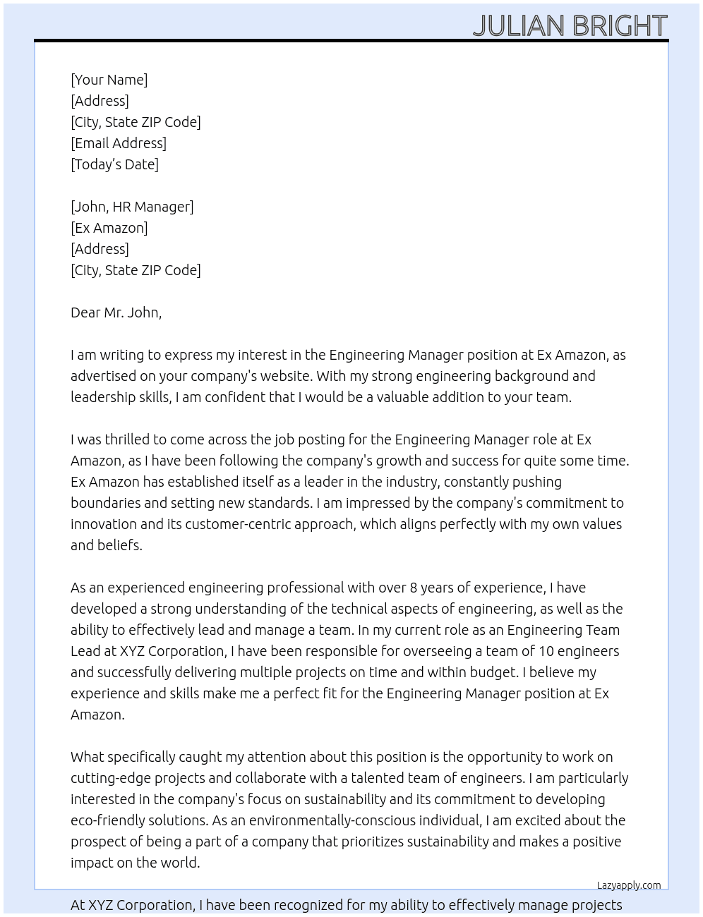 Engineering Manager At Ex Amazon Cover Letter