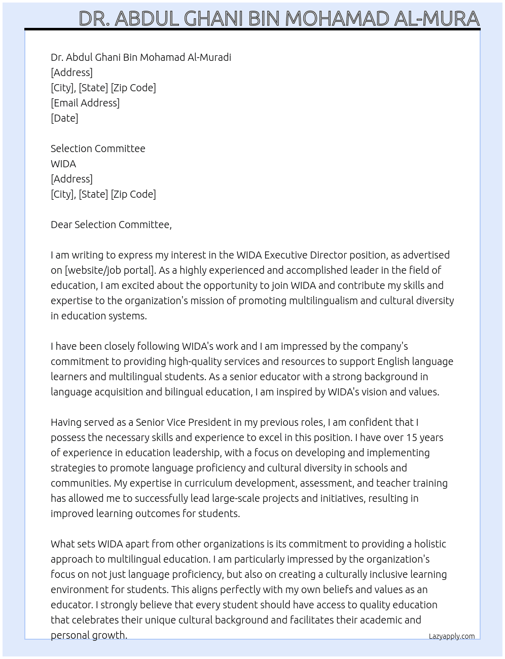 WIDA Executive Director At WIDA Cover Letter