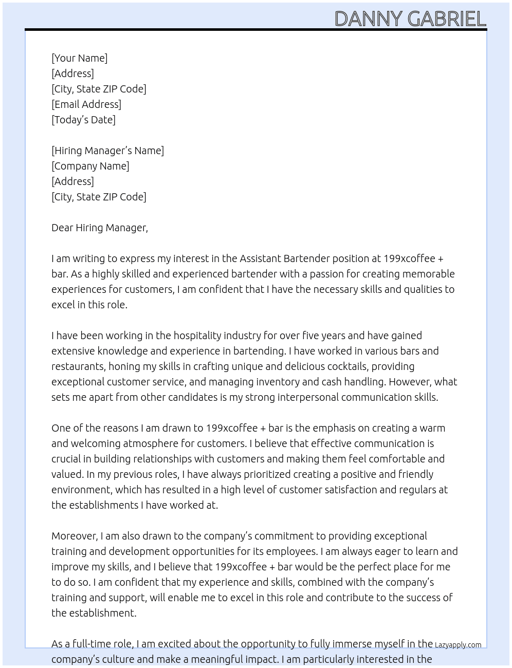 Assistant Bartender  At 199xcoffee + bar Cover Letter