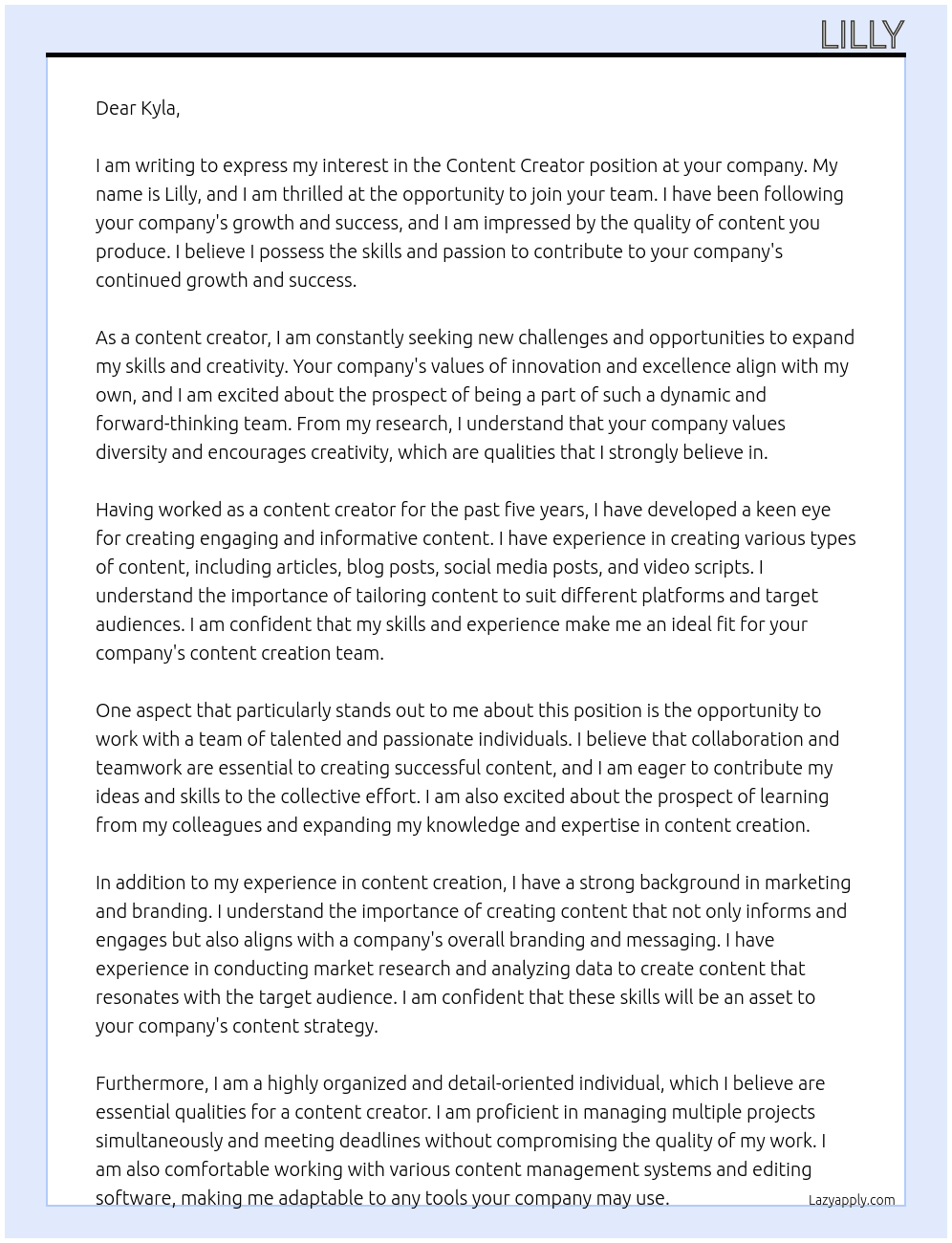 Content Creator  At Kyla Cover Letter
