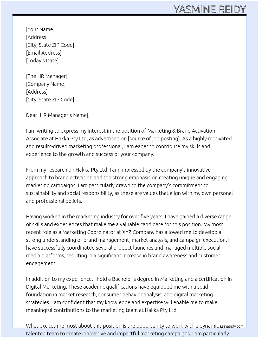 Marketing & Brand Activation Associate  At Hakka Pty Ltd Cover Letter
