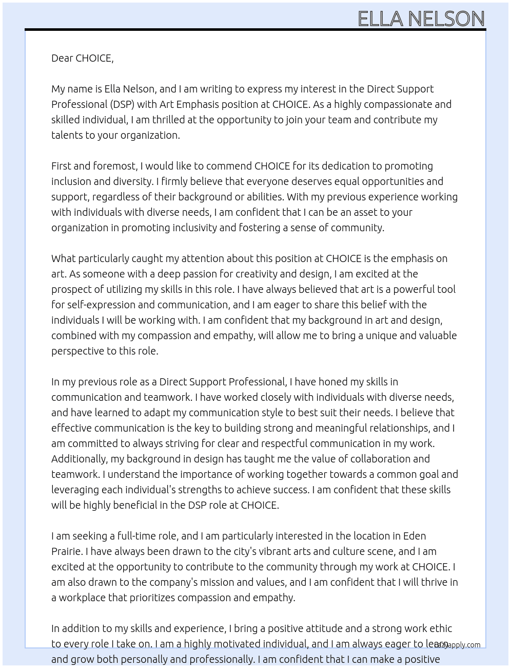 Direct Support Professional (DSP) with Art Emphasis At CHOICE Cover Letter