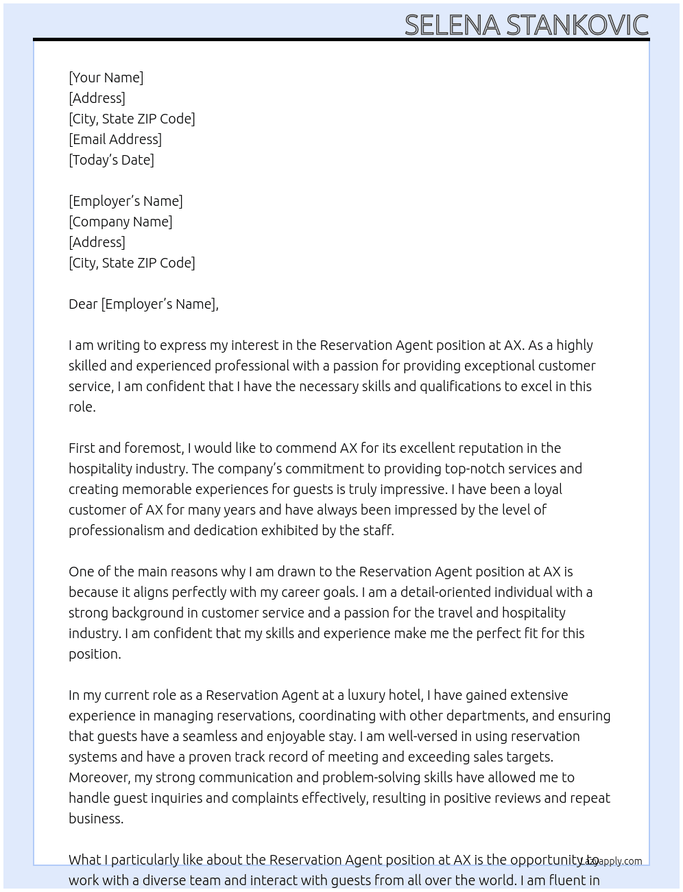 Reservation agent At AX Cover Letter