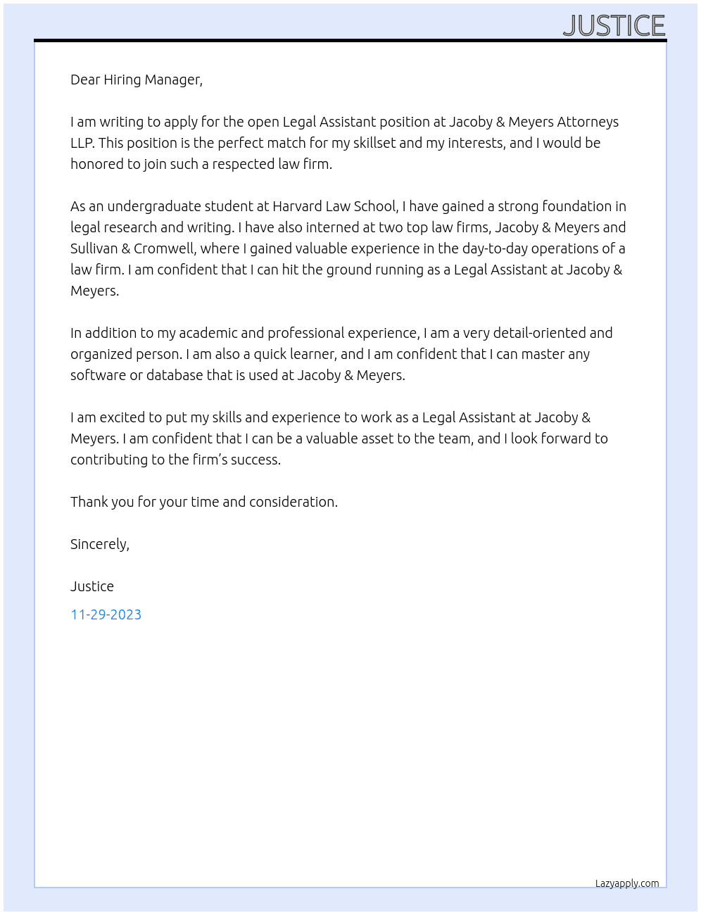 Legal Assistant (entry-level) At Jacoby & Meyers Attorneys LLP Cover Letter