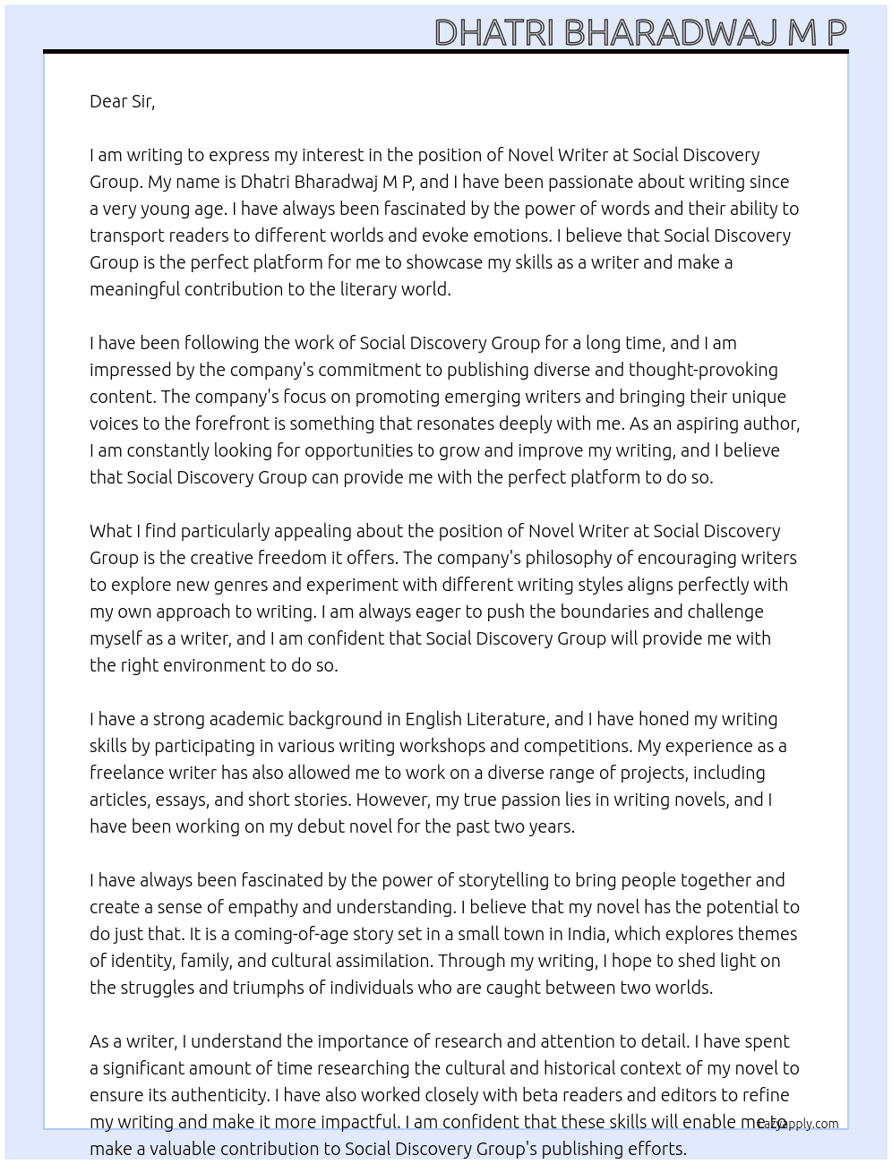 Cover letter for novel writer - LazyApply