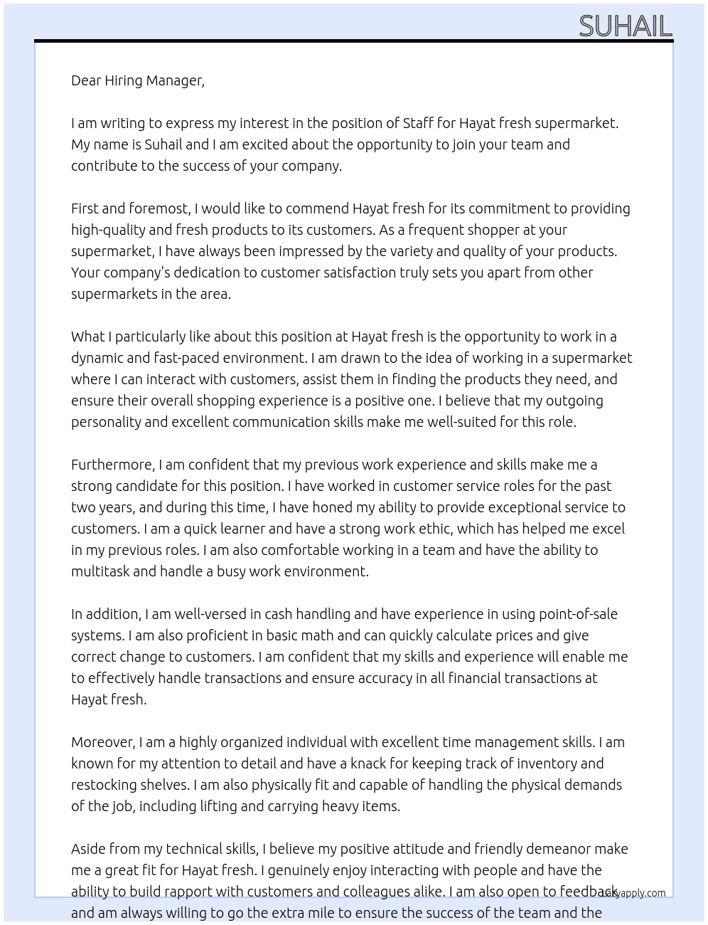 Staff for super market  At Hayat fresh  Cover Letter