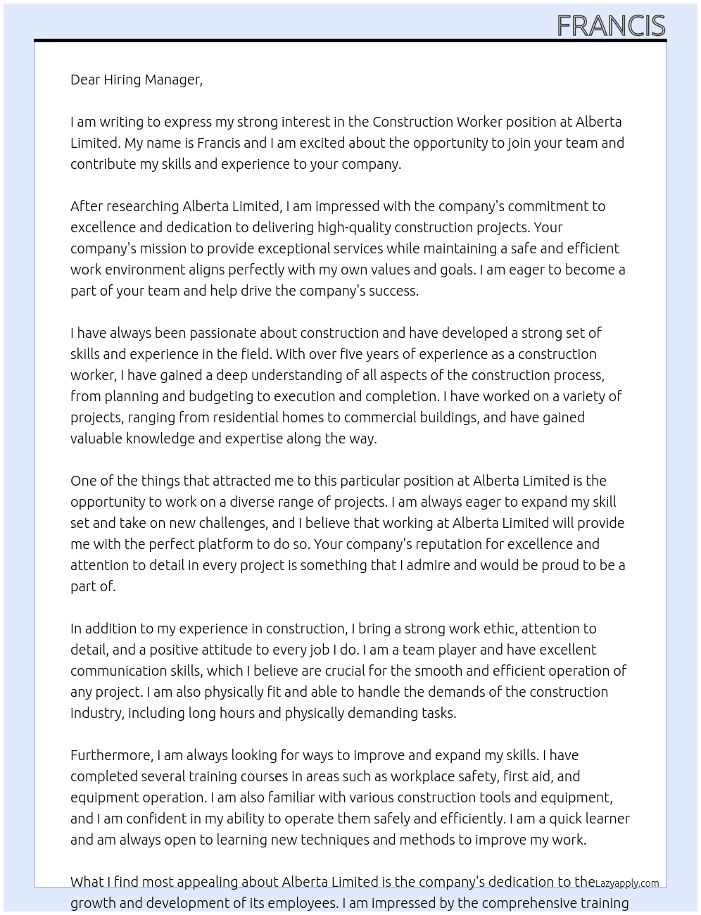 Construction Worker At Alberta Limited Cover Letter
