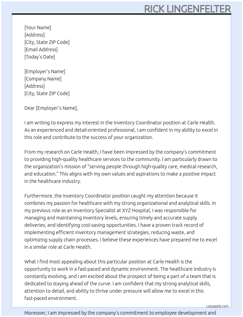 Inventory Coordinator At Carle Health Cover Letter