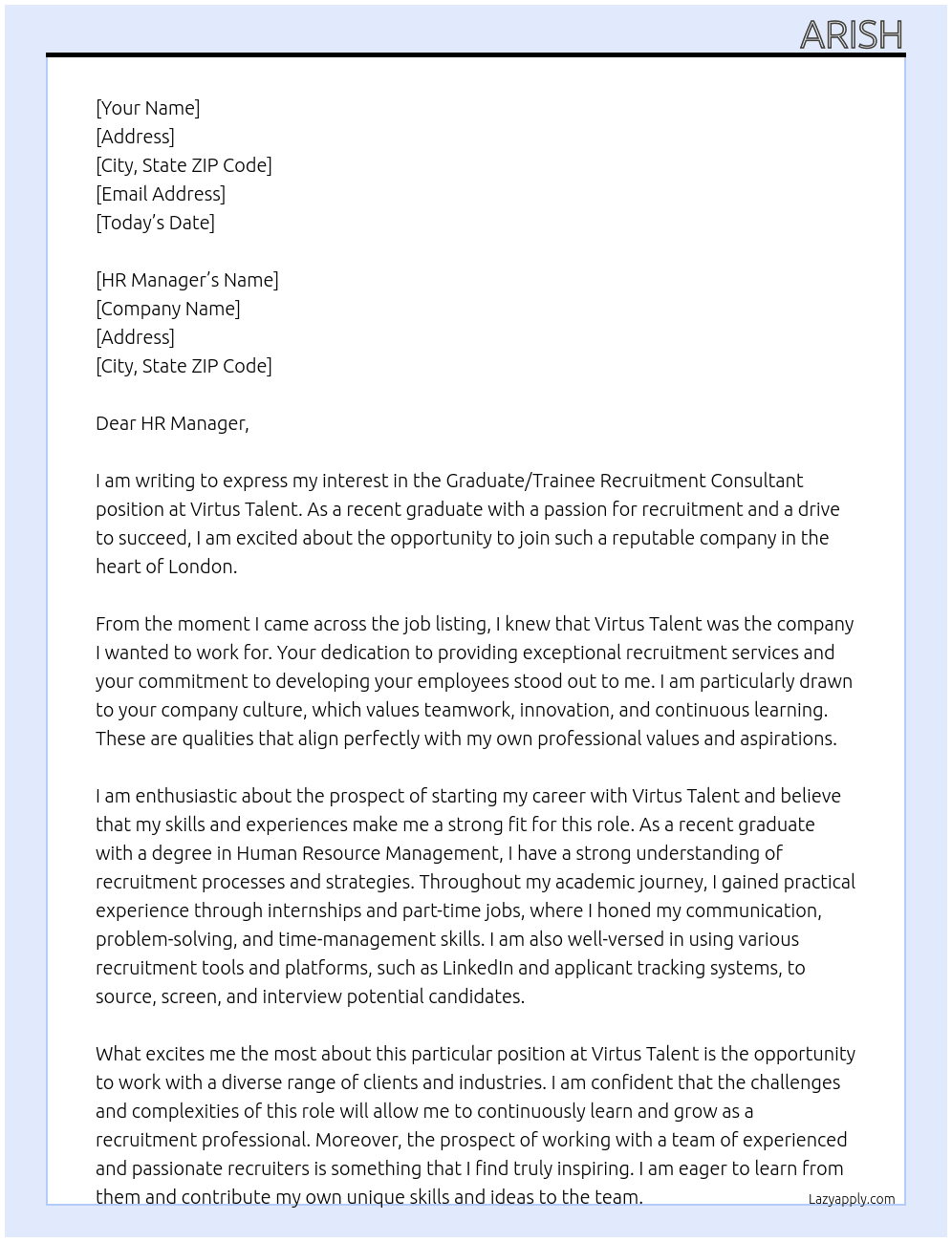 Graduate / Trainee Recruitment Consultant At Virtus Talent Cover Letter