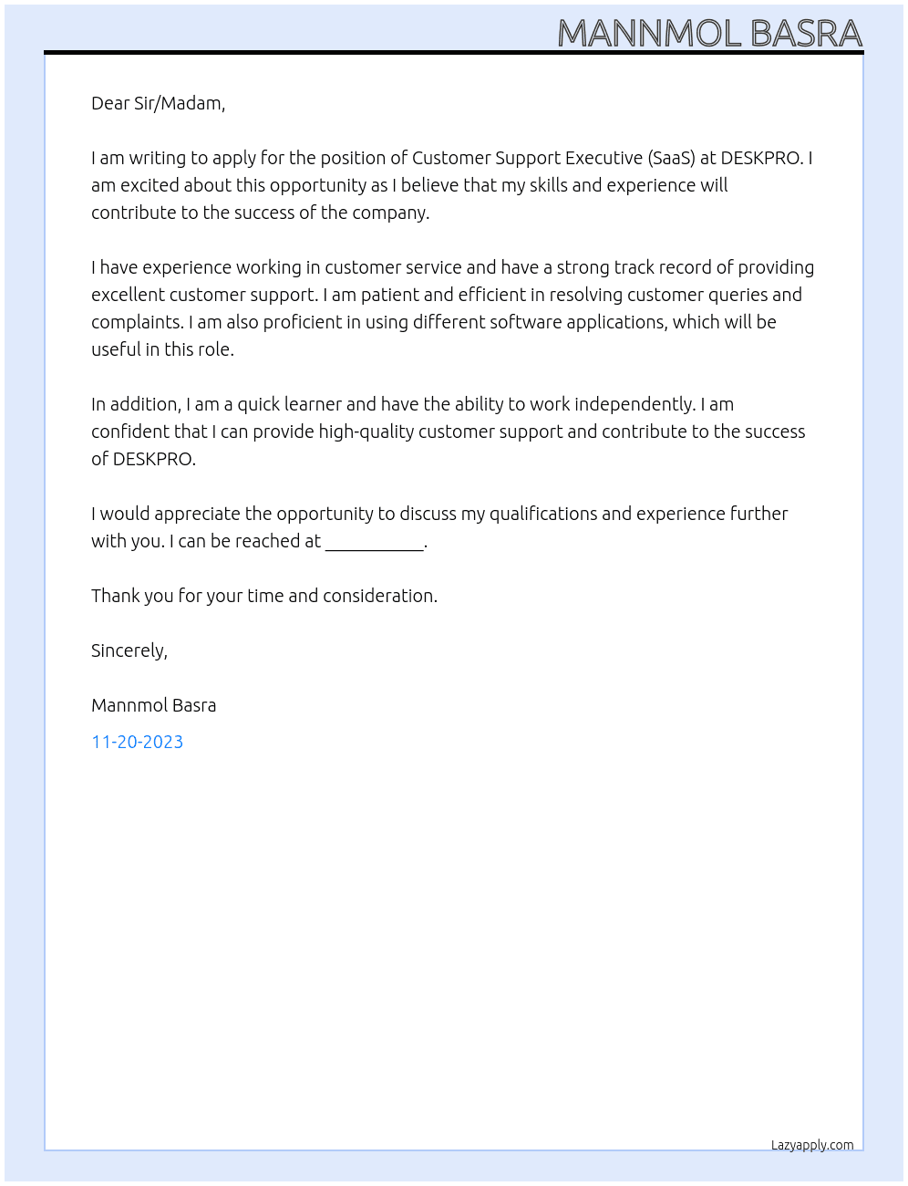 Customer Support Executive (SaaS) At DESKPRO Cover Letter