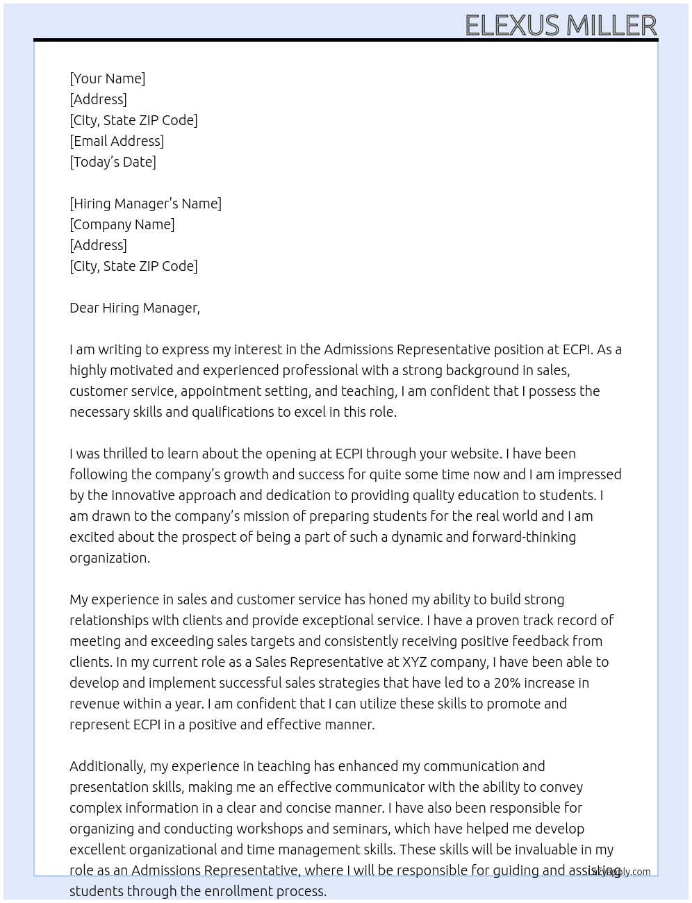Admissions Representative At ECPI  Cover Letter