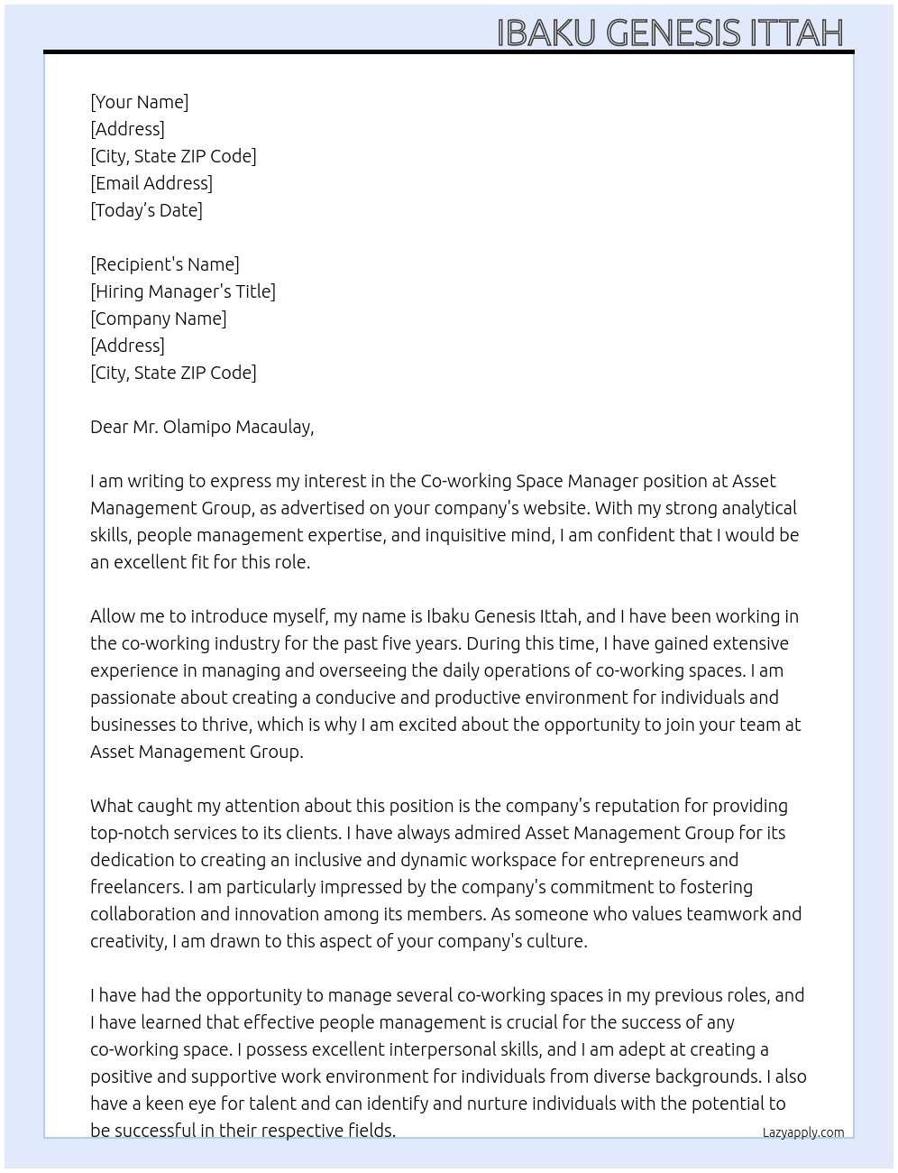 Co-working space manager  At Asset Management Group  Cover Letter