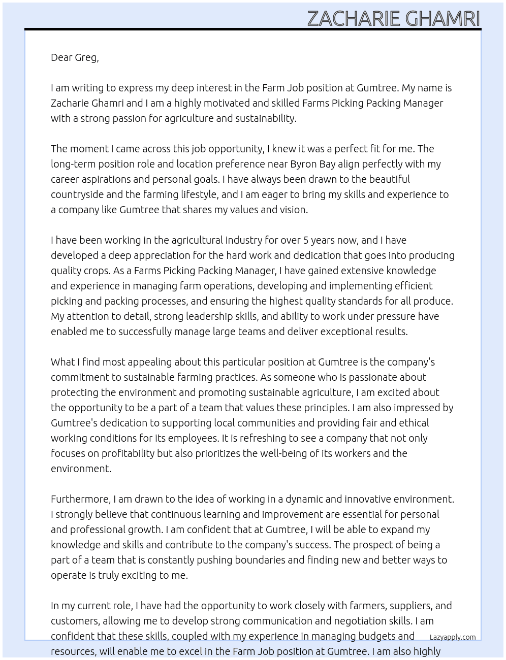 FARM JOB At Gumtree Cover Letter