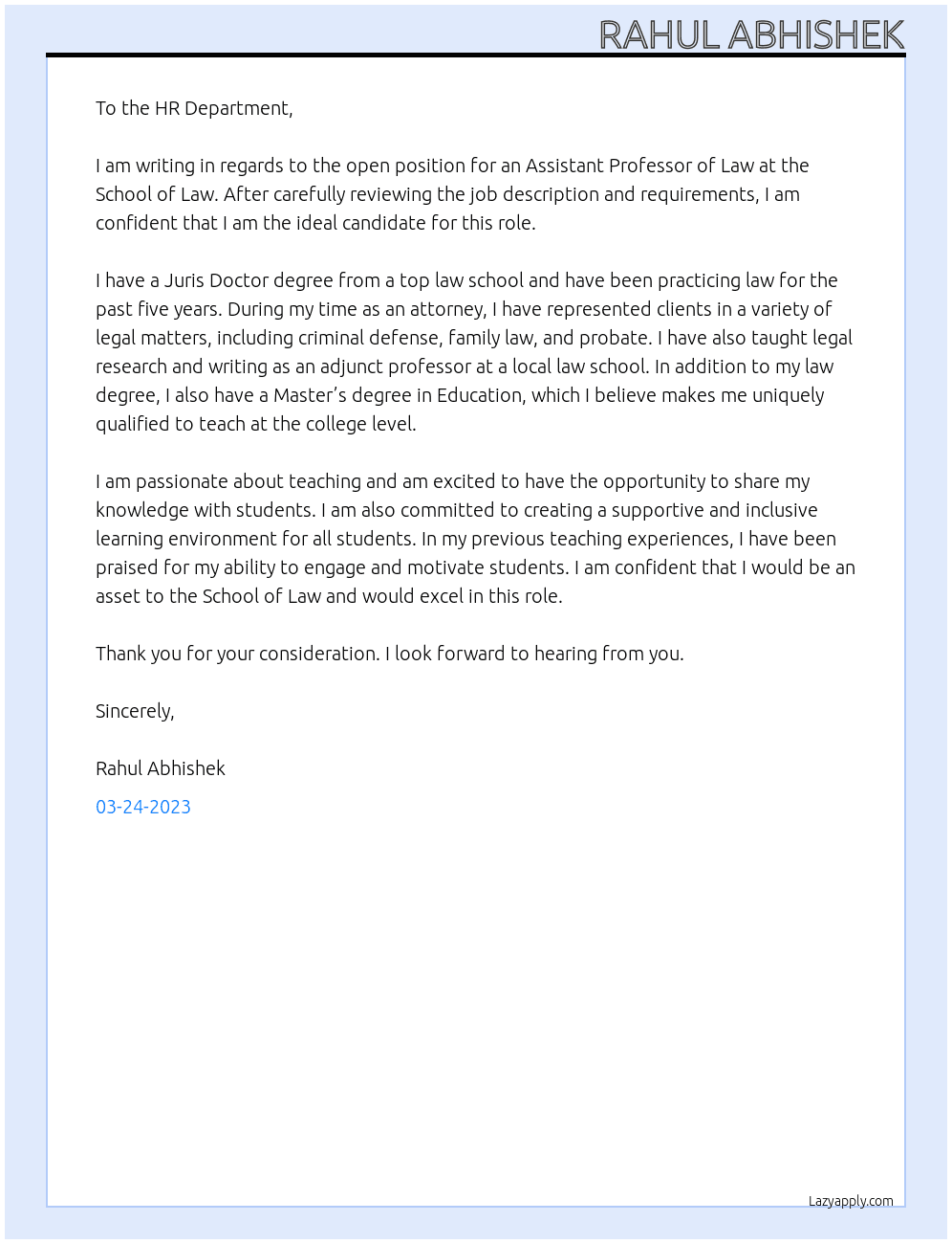 Assistant professor for law At School of law Assistant Professor Cover Letter